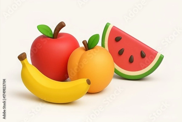 Fototapeta Colorful 3D Rendered Fruit Arrangement with Apples, Bananas, Watermelon, and Peaches