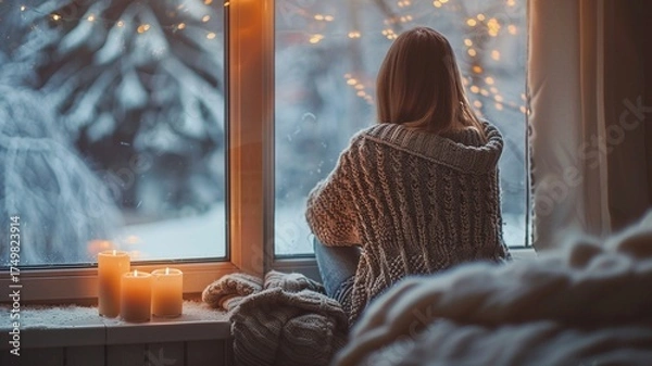 Fototapeta Cozy scene of a lonely woman divorce in a knit sweater sitting by a window, gazing at snowy trees outside with warm candles glowing nearby.