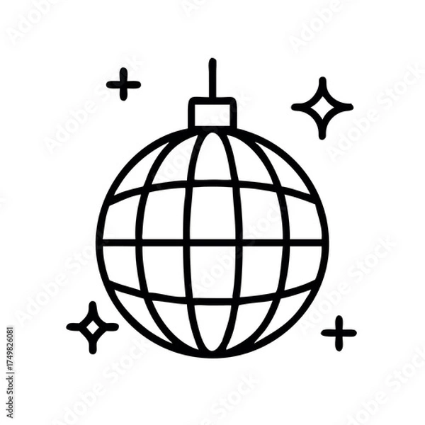 Obraz Simple line art icon of a disco ball with sparkles for parties and celebrations