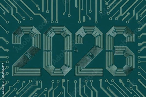 Obraz Modern digital circuit board art showcasing the year 2026 in a futuristic, tech-inspired design