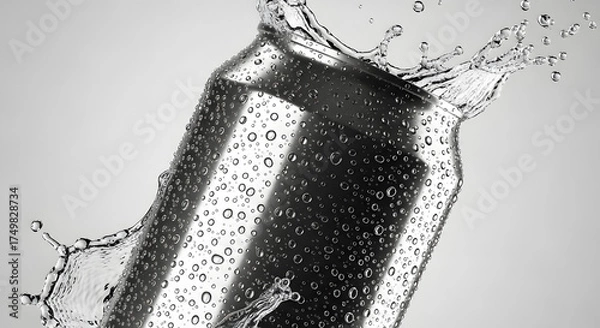 Obraz Refreshing cold metallic beverage can with water splash and condensation droplets on a light background
