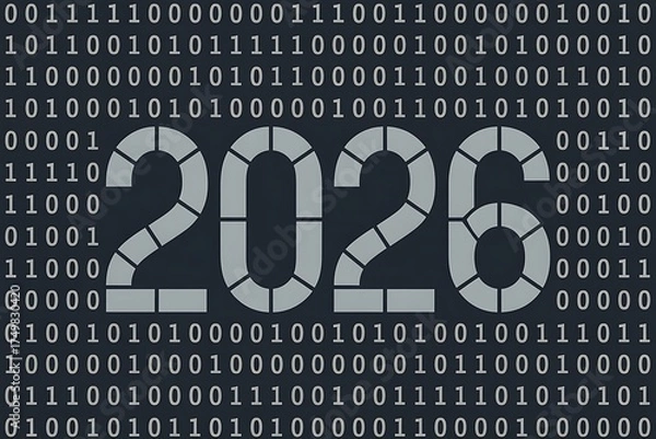 Obraz Dynamic digital year 2026 presented with futuristic binary code background, representing innovation and technological advancement