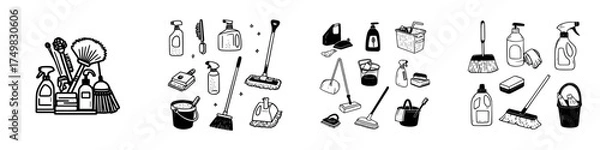 Obraz Hand drawn icons of various cleaning supplies and housekeeping tools