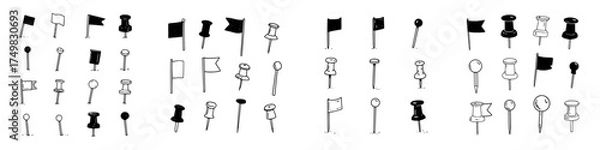 Obraz Hand drawn map pins and pushpins collection in black and white style