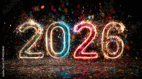 Fototapeta Sparkling 2026 numbers with colorful confetti and festive background  