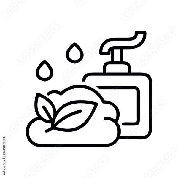 Obraz Natural soap dispenser with bubbles and leaves icon for hygiene and cleanliness