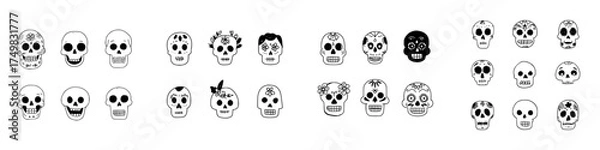 Obraz Hand drawn sugar skulls and simple outline icons set