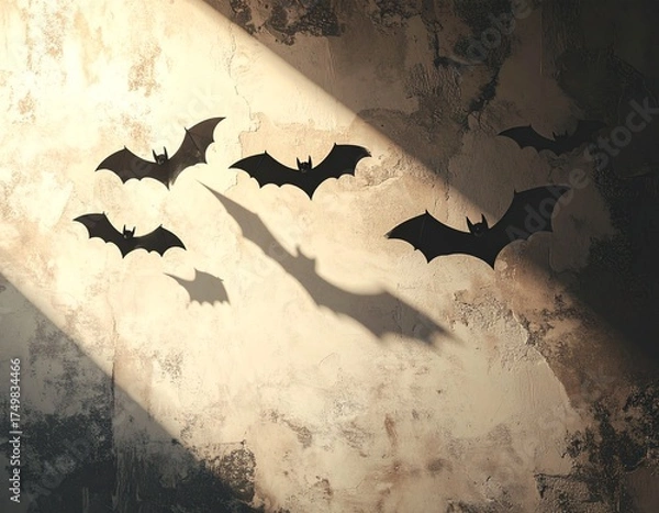 Fototapeta Flying Bat Shadow Overlay on Textured Wall with Moody Halloween Lighting