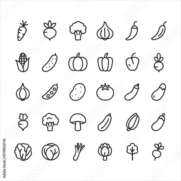 Fototapeta Set of forty healthy vegetable icons in linear style.