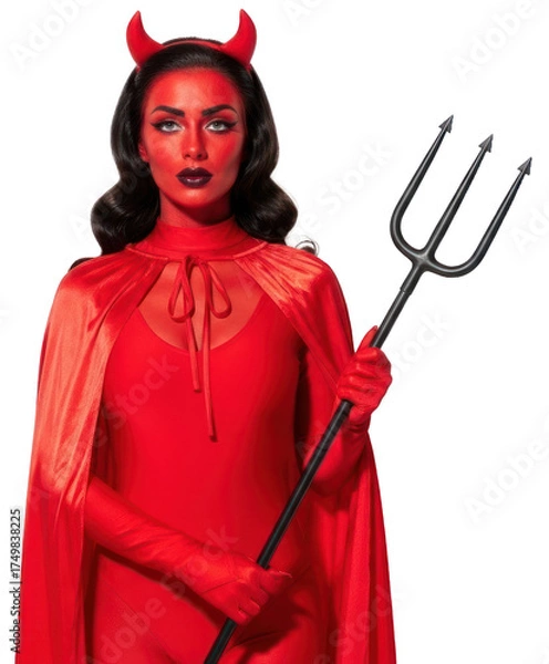 Obraz A woman dressed as a devil with red makeup and a red cape holding a trident.