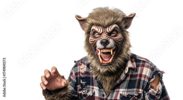 Obraz A person wearing a werewolf mask and a plaid shirt, standing against a white background.