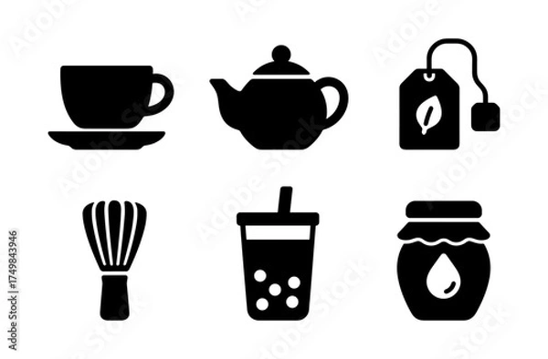 Obraz Tea icons set: cup, teapot, tea bag, whisk, bubble tea, jam jar