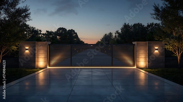 Fototapeta modern residential entrance gate with integrated lighting and landscaped driveway at dusk