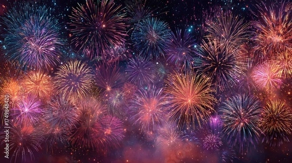 Fototapeta Colorful fireworks explosion in night sky with bright sparkling lights festive New Year celebration isolated on white background