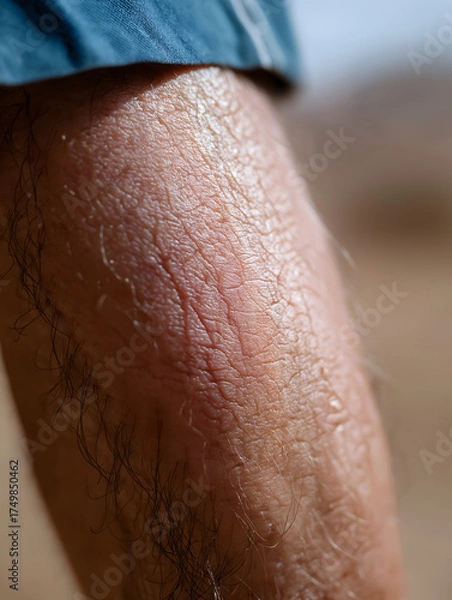 Fototapeta Close up leg psoriasis skin texture makes subject appear uncomfortable, as skin looks irritated and inflamed
