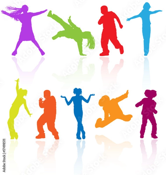 Fototapeta Set of colored dancing, jumping and posing teenagers vector.