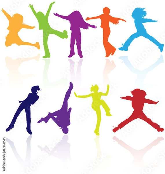 Fototapeta Set of colored active children vector silhouettes.