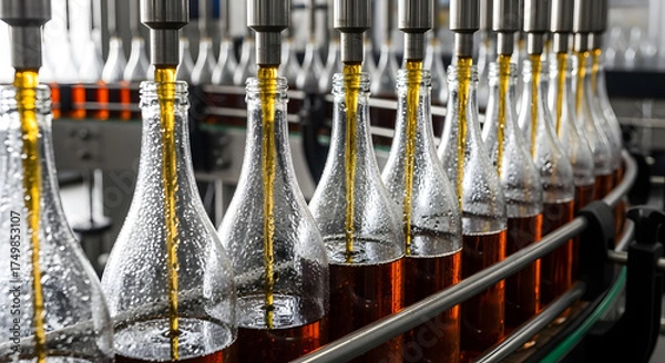 Obraz Automated bottling line filling glass bottles with amber liquid on a conveyor belt in a modern production facility