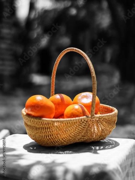 Fototapeta Oranges in a basket on a table with a green grass background