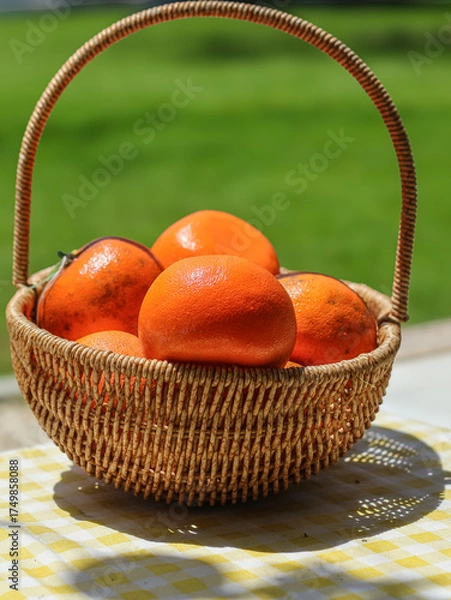 Fototapeta Oranges in a basket on a table with a green grass background
