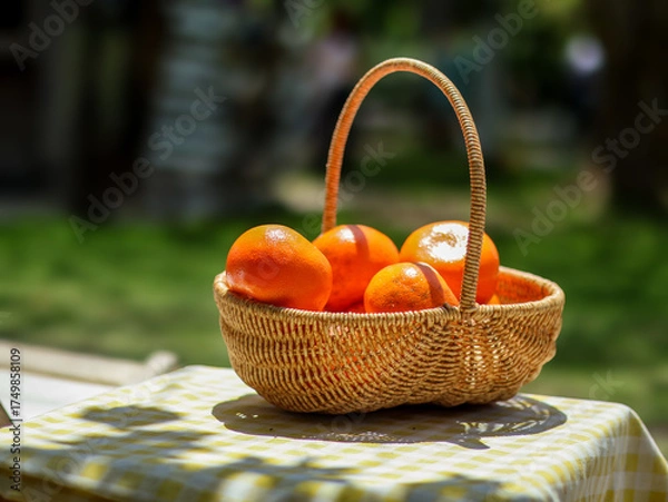 Fototapeta Oranges in a basket on a table with a green grass background