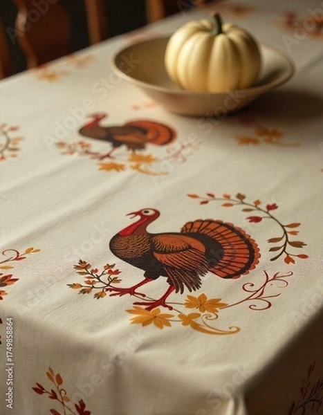 Obraz Dinner tablecloth with Thanksgiving colors and turkey theme printed on it