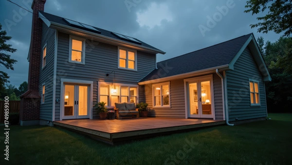 Fototapeta Cozy modern house illuminated at dusk, featuring large windows and wooden deck, surrounded by greenery