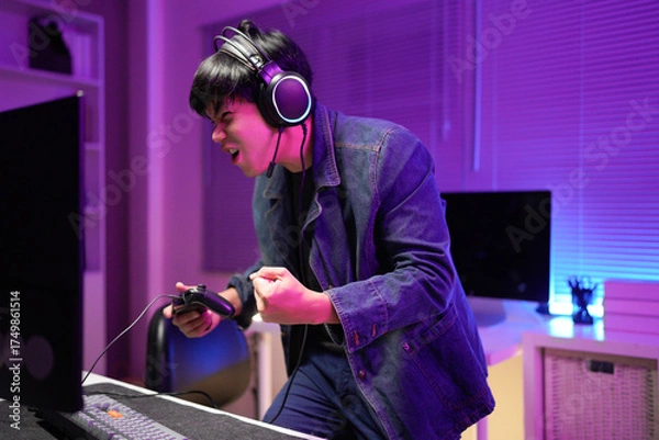 Fototapeta Happy asia guy gamer wear headphone participation play video game colorful neon lights computer in living room at night modern house. Esport streaming game online, Home quarantine activity concept.