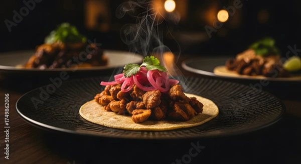 Obraz Steaming Gourmet Taco with Pickled Red Onions and Cilantro, Authentic Mexican Cuisine on a Dark Plate