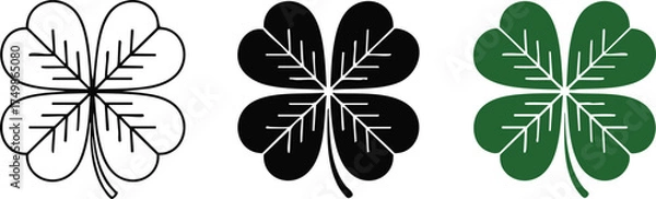 Fototapeta Minimalist illustration of three identical four leaf clover designs in outline, solid black, and green styles with clean symmetrical leaf details