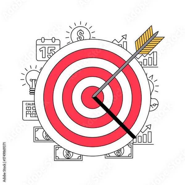 Fototapeta A minimalist business illustration featuring a large red and white concentric target with a black arrow hitting the center bullseye.
