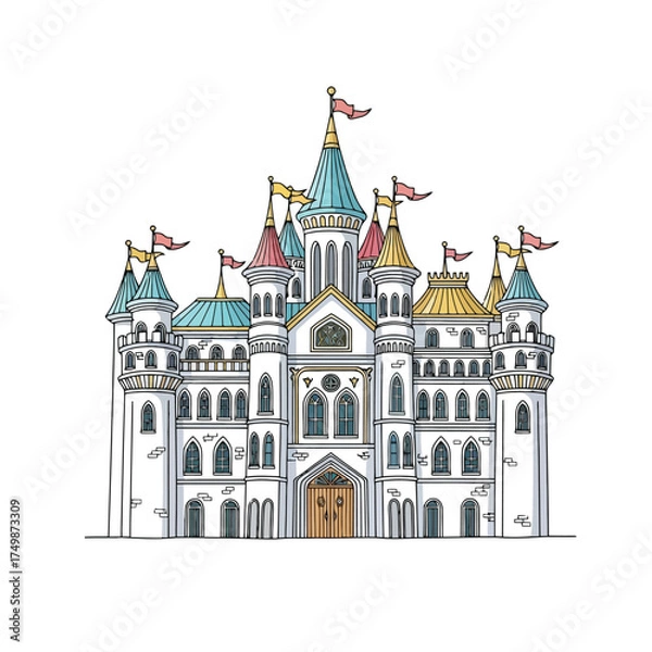 Fototapeta Fairytale castle with flags and towers, isolated on white background