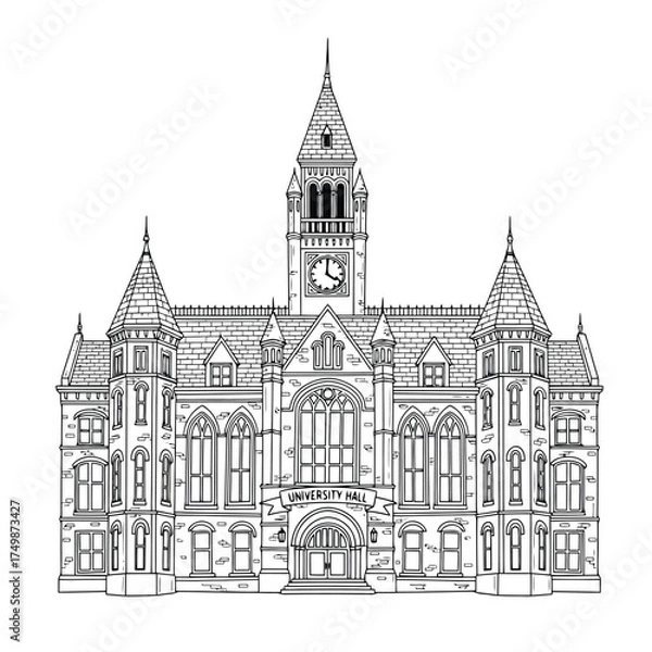 Fototapeta Ornate historical building with clock tower and spires