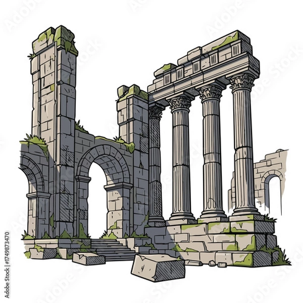 Fototapeta Ancient roman ruins with crumbling columns and stone archway
