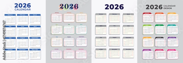 Fototapeta 2026 calendar. 2026 Planner calender template with 12 month. Symple Layout Illustration. Week starts on Monday. Calendar Set for 2025 2026 2027 year 