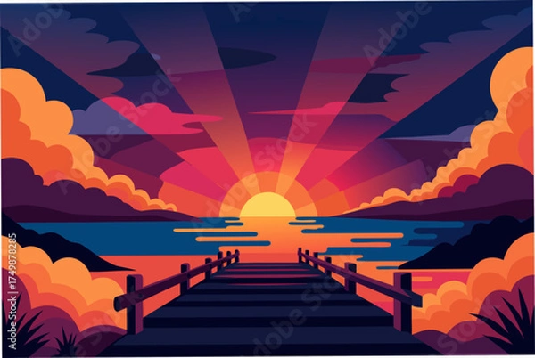 Fototapeta Sunset view from a wooden pier on the sea on transparent background