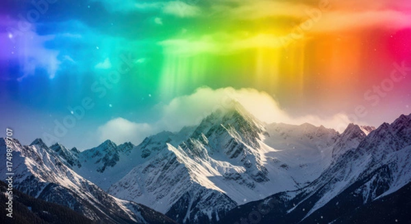 Fototapeta Vibrant rainbow sky over snowy mountain peaks ethereal light display atmospheric wonder