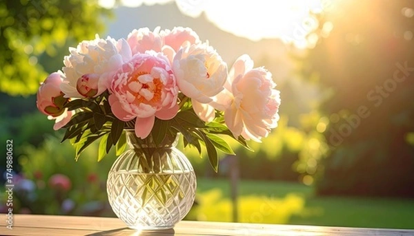 Obraz Beautiful Peonies in a Vase, Sunny Garden Setting.