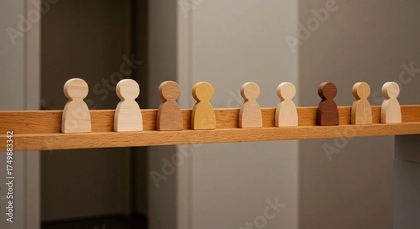 Obraz A diverse group of wooden peg dolls in varying skin tones arranged on a shelf.