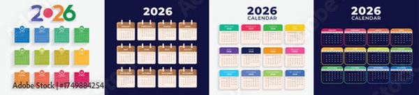 Fototapeta Colorful Yearly 2026 Calendar Template,  Set of calendars for 2026,