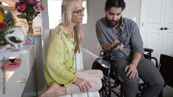 Fototapeta Mom and Son Create Joyful Memories With Smartphones in Living Room