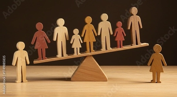 Obraz Wooden figures on a seesaw representing social inequality and balance.