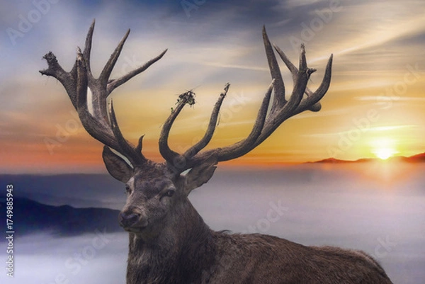 Obraz Starker Rothirsch im Morgenrot