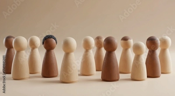 Obraz Wooden peg dolls of various skin tones, representing diversity and inclusion on a neutral background.