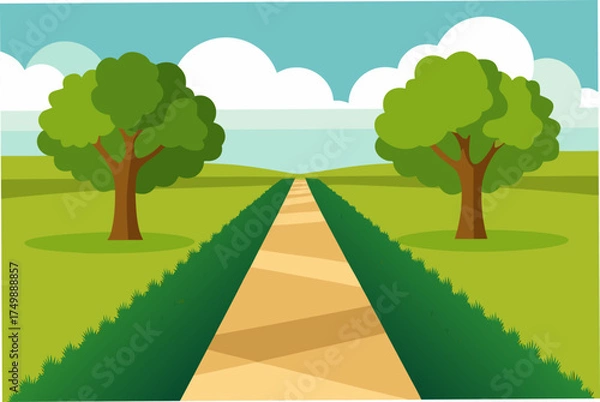 Fototapeta A path between trees with clouds above it on transparent background