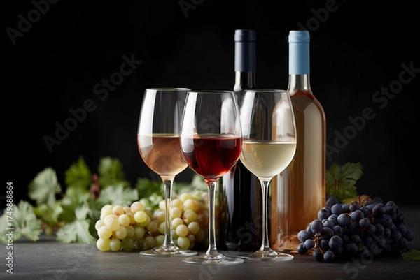 Obraz Wine glasses with bottles and grapes on a dark background shot