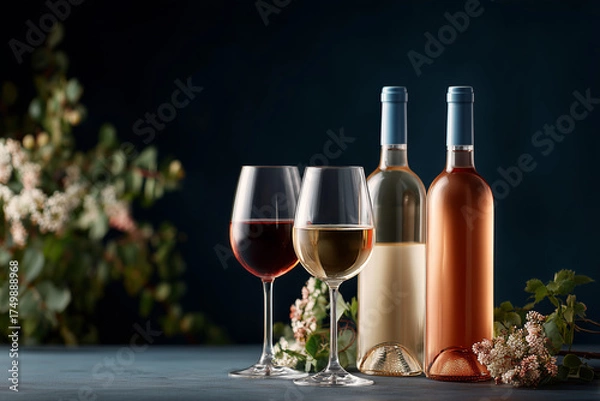 Obraz Wine bottles and glasses still life arrangement against backdrop
