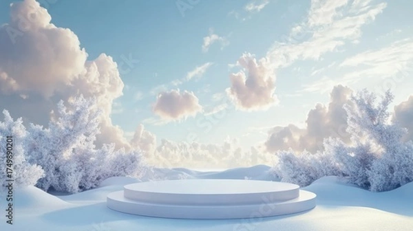 Obraz Winter wonderland snowy scene with white platform, perfect for product display