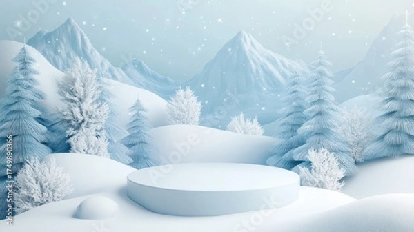 Obraz Snowy winter scene with a platform, great for showcasing products in a festive vibe