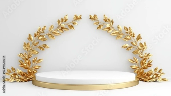 Obraz Golden leaves frame a white platform, suitable for product presentation